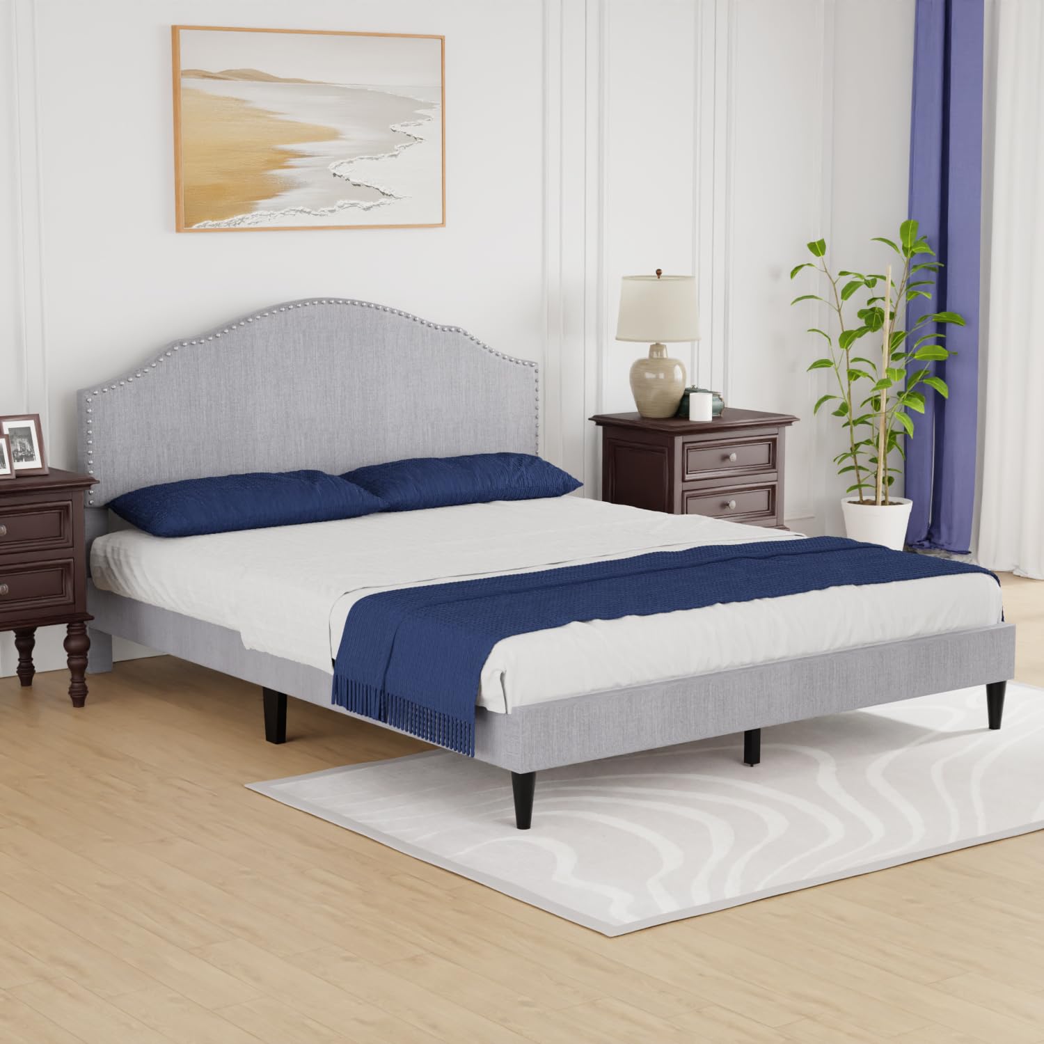 Photo 1 of FDW Upholstered Platform Bed Frame Strong Frame and Wooden Slats Support Strong Weight Capacity Bed Frame with Headboard No Box Spring Needed Noise-Free Non-Slip for Home Bedroom,Queen
