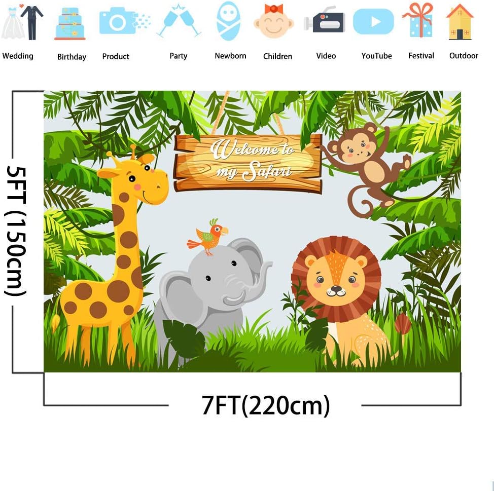 Mehofoto Welcome to My Safari Backdrop Safari Party Forest Animal Grassland Photo Backdrop 7x5ft Monkey Elephant Kids Birthday Party Photo Studio Prop - Image 4