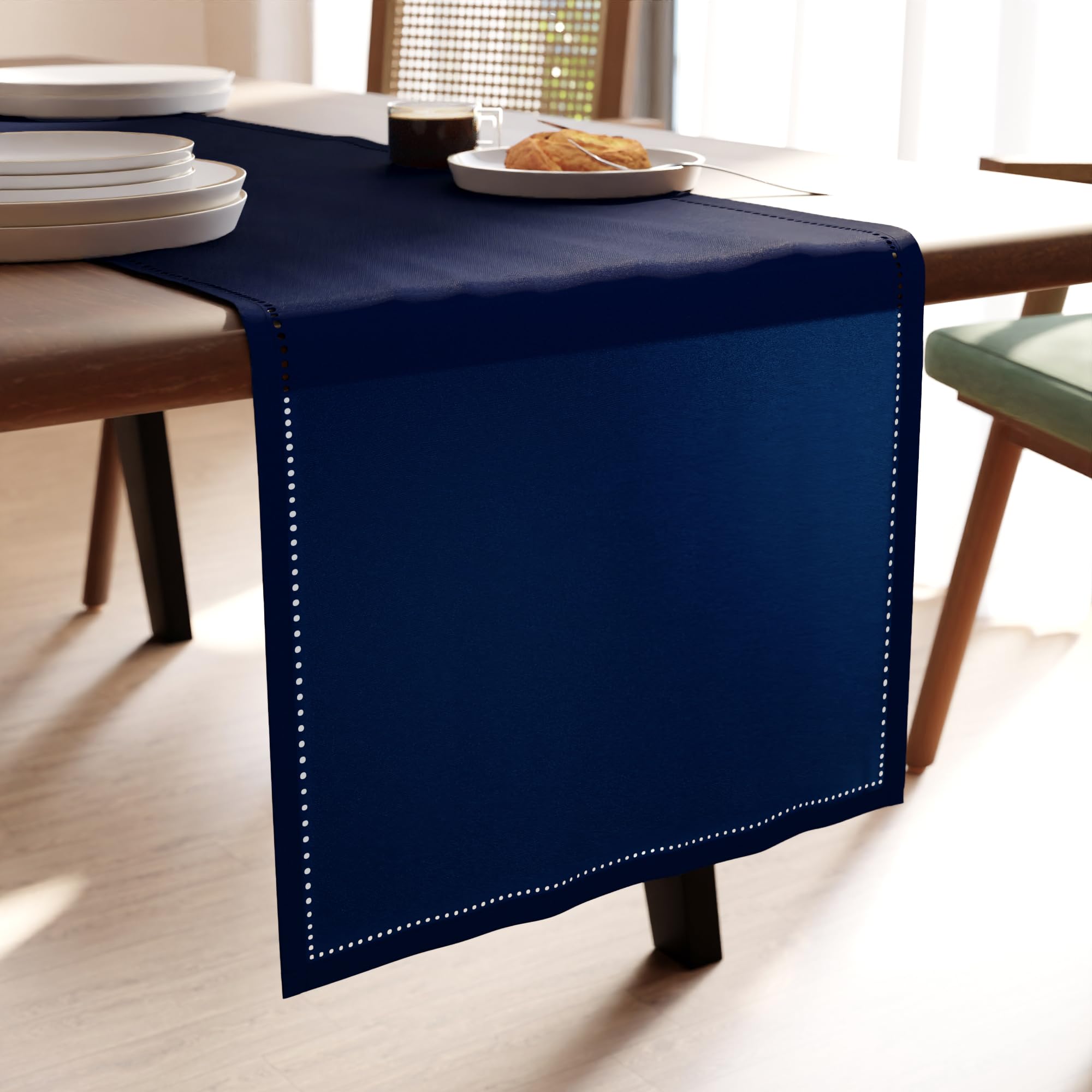 Encasa XO Dining Table Runner 16x72 in | Pure Cotton Hemstitched Design | Scotch Blue - Machine Washable — image 1