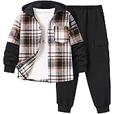 EDFTM 2Pcs Boys Clothes Sweatsuit Set Hoodie Flannel Plaid Shirt and Jogger Pants for Kids Fall Winter Spring Outfits