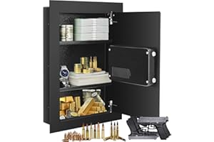 S AFSTAR Wall Safe Box, Electronic Digital Safe Box with Keypad & 2 Emergency Keys, Removable Shelf & LED Lights, Hidden Wall Mounted Safe for Cash Jewelry Document, Flat Safe Box for Home Office