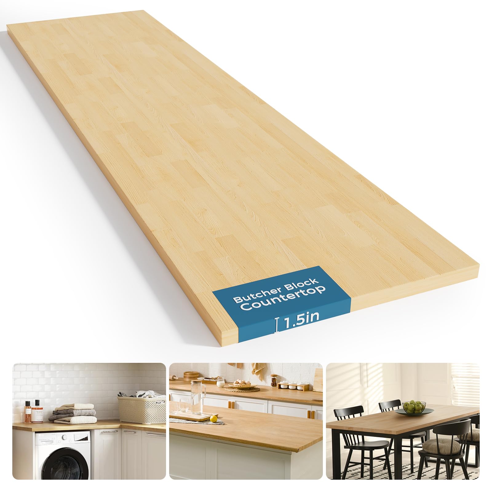 Photo 1 of Solid Wood Butcher Block Countertop - 5ft Unfinished Birch Slab Counter Top Wooden Table Top for DIY Kitchen Island, Workbench, Washer Dryer, Coffee Bar Table, 60"x25"x1.5"