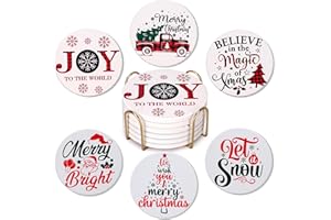 DKSYEE 6 Pcs Ceramic Christmas Coasters with Holder Best Absorbent Drink Coasters Set Cute Xmas Holiday Coaster Set Coffee Table Decor Funny Christmas Decoration Housewarming Gift Festive Cup Coasters