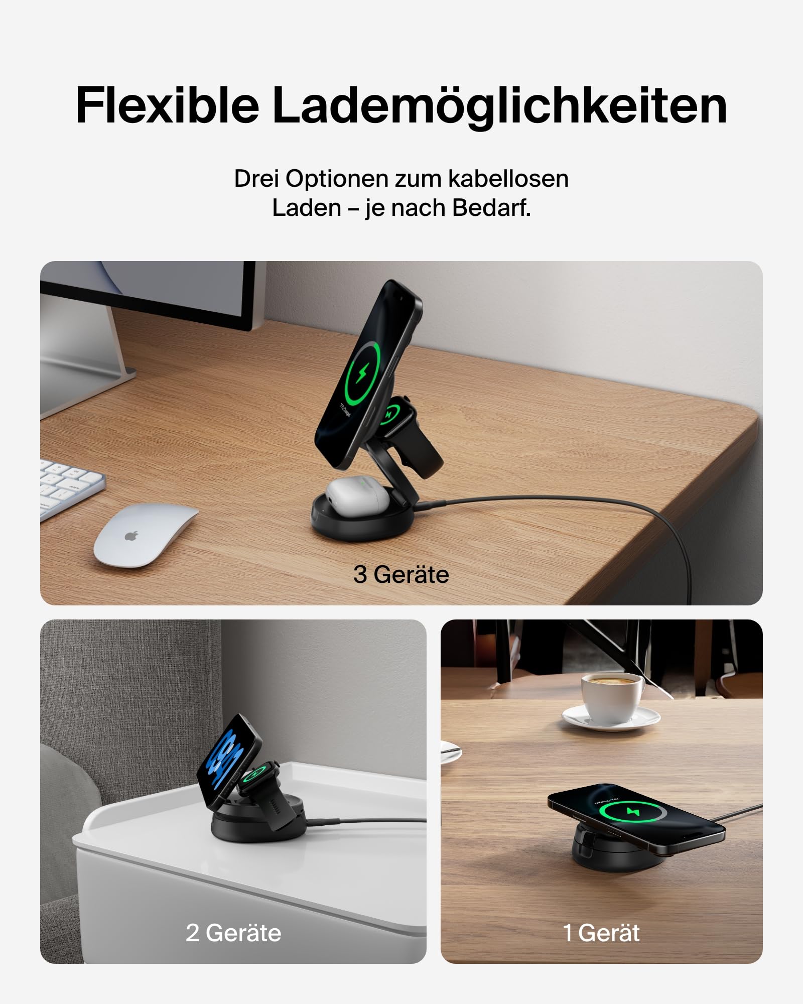 Belkin BoostCharge 3-in-1 Induktive Ladestation mit Qi2, 15W, MagSafe-kompatibles Ladegerät, Kabellose, Verstellbare, für iPhone 17, Air, Pixelsnap, Apple Watch, AirPods, inkl. 30-W-Netzteil – Schwarz 5