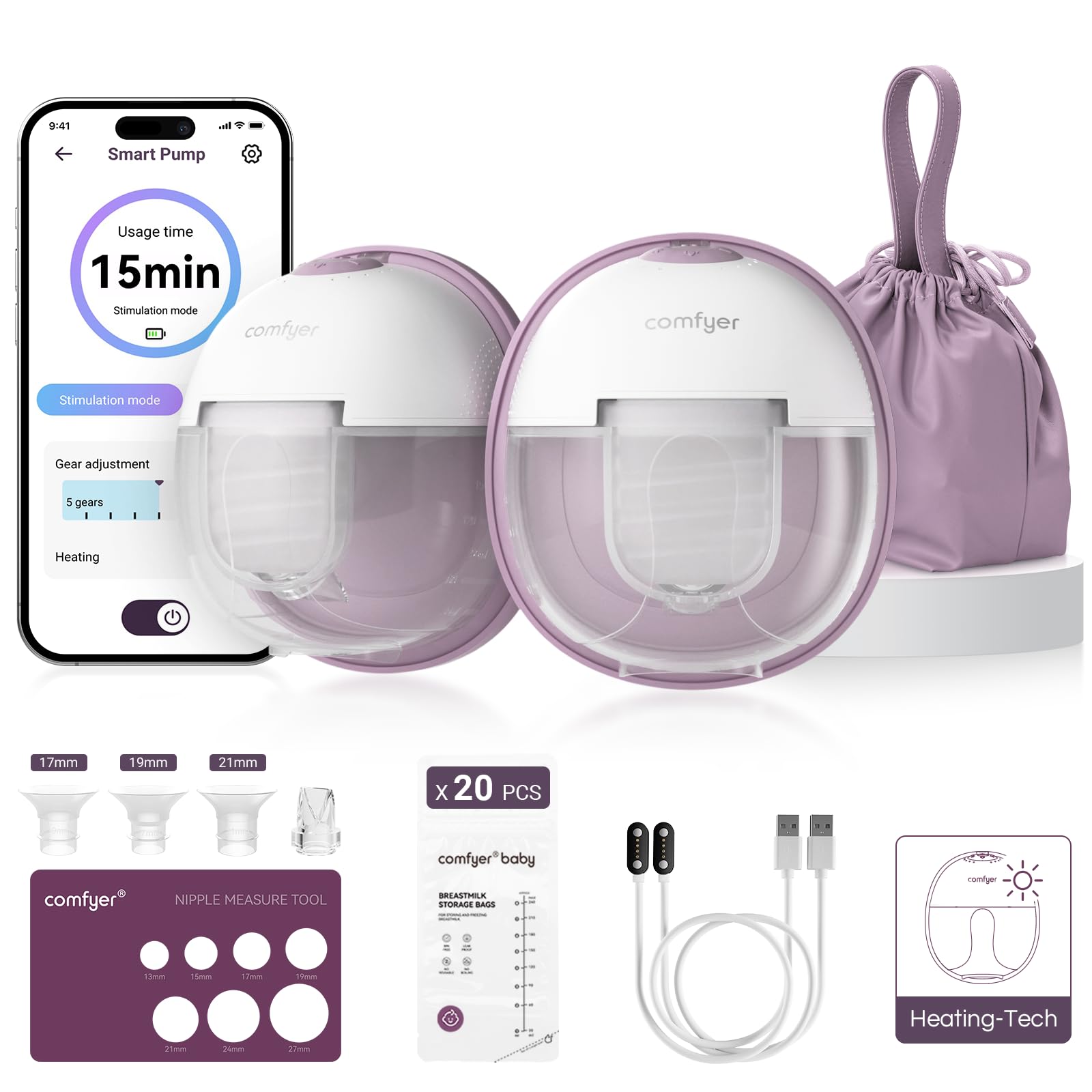 comfyer Heated Breast Pump Hands Free, Industry-Leading Heating Tech, Innovative Magnetic Charging Base, App Discreet Control, 20pcs Breastmilk Storage Bags Included, Hospital-Grade Suction, 2 Pack