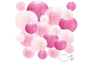 GAILROSO 21Pcs Pink Paper Lanterns,4"6"8"10"12" Hanging Round Paper Lanterns Decorations Indoor Outdoor with Tape and String for Graduation Birthday Barbie Party Galentines Day Baby Shower Decorations