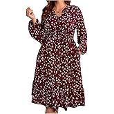 BEAUDRM Women's Plus Size Floral Midi Dresses Boho Ruffle Notch Neck Long Sleeve Swing Flowy Dress