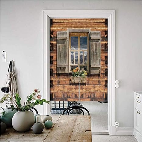 Amazon シャッター のれん おしゃれ 目隠し 幅85cm 丈150cm 窓 おしゃれ ロング 居酒屋 店 部屋 玄関 入り口 間仕切り インテリア ブラウングリーンに夏の山の反射と山小屋の風化ファサード のれん オンライン通販