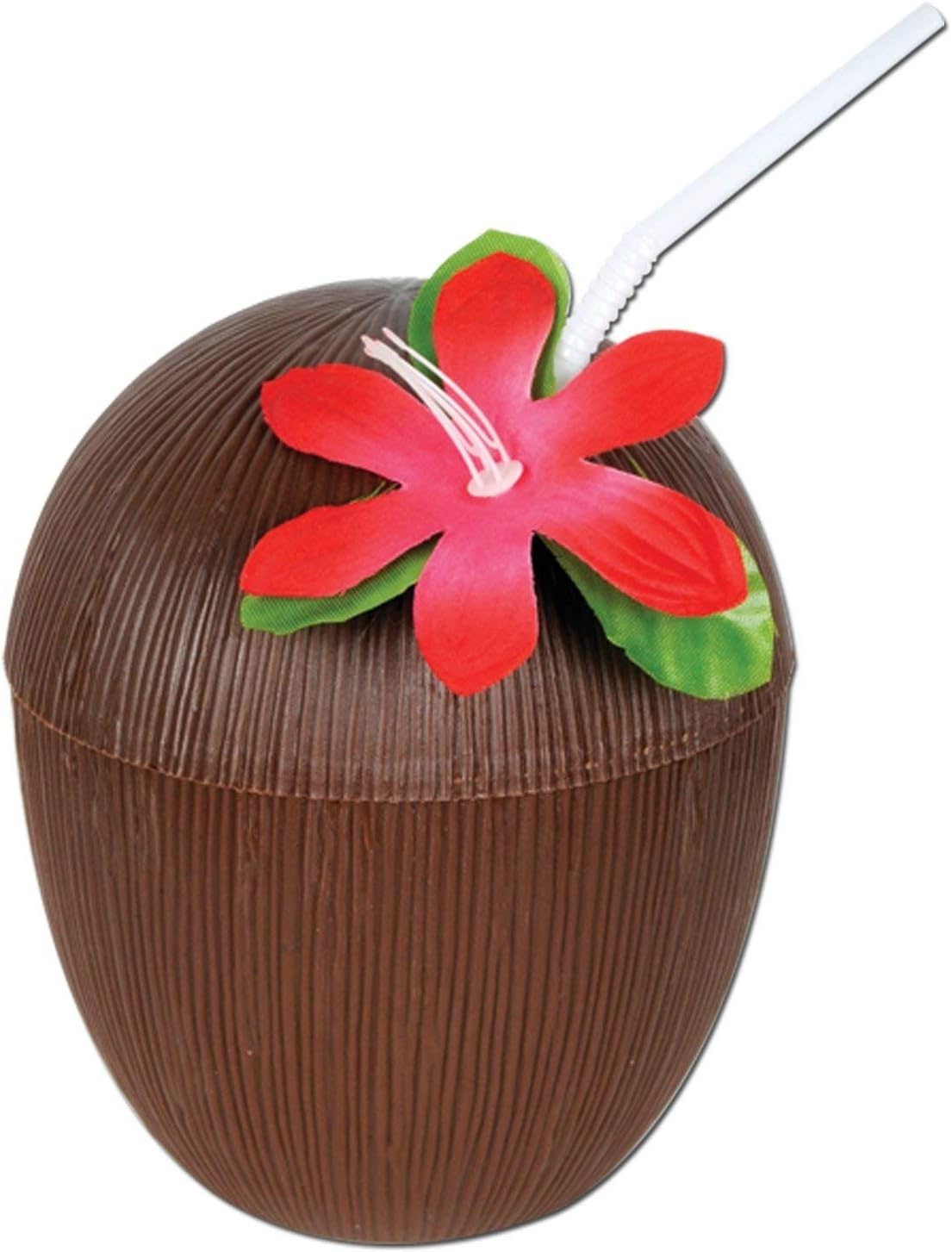 Set of 4 Realistic Coconut Drinking Cups With Flower Luau Beach