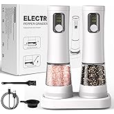 Electric Salt and Pepper Grinder Set-2 Pack Rechargeable Automatic Pepper Mill with Base,5-Level Adjustable Coarseness, Display, LED Lighting, Large Capacity-Ideal for Kitchen, BBQ Gifts (2, White)