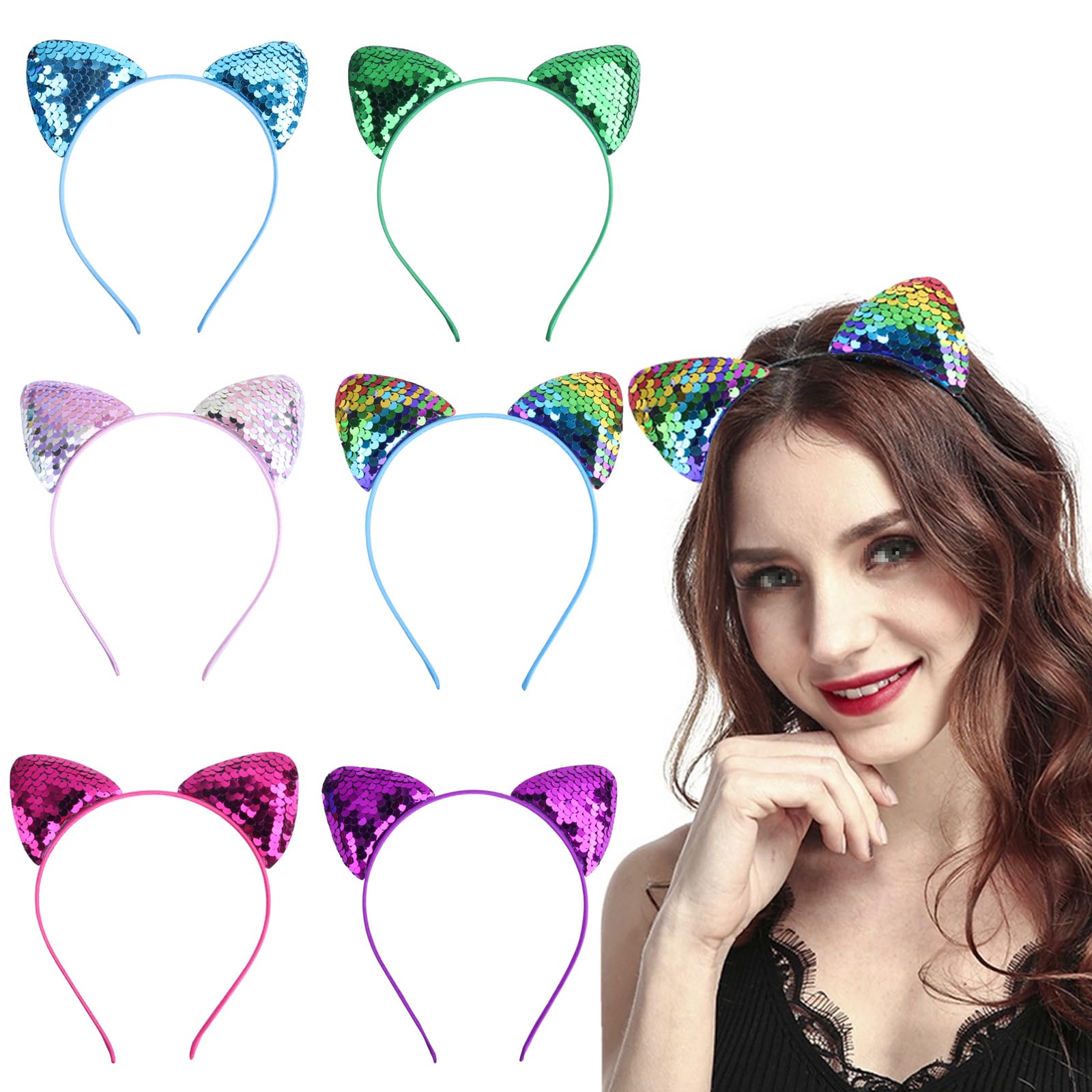 6Pcs Cat Ear Headbands Sequin Ears Headbands Reversible Shiny Sequin Hairband Hair Hoops Hair Accessories for Women Girls Party Decoration (Random Color)