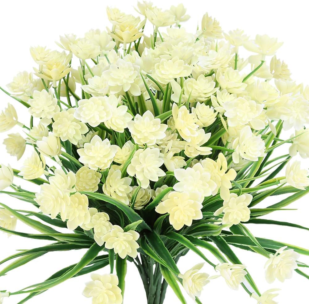 Artificial Daffodils Fake Large Flowers, 4 Bundles White UV Resistant Faux Greenery Foliage Plants Shrubs for Garden, Wedding, Outside Hanging Planter, Farmhouse Indoor Outdoor Decor