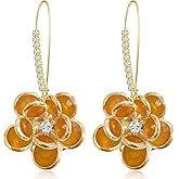 JIMARIN 14K Gold Bohemian Sparkly Crystal Flower Dangle Drop Earrings Lightweight Rhinestone Camellia Flower Floral Hoop Earring for Women