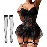 Foxiny Sexy Stocking Corset Babydoll Mesh Sheer Lace Up Ruffle Underwire Garter Lingerie with Thong Set 3 Piece