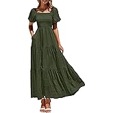 PRETTYGARDEN Womens Summer Puff Short Sleeve Maxi Dress Square Neck Smocked Tiered Ruffle A Line Long Flowy Beach Dresses