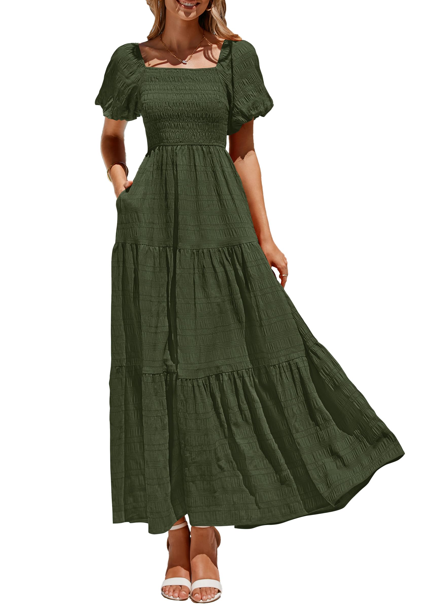 Photo 1 of PRETTYGARDEN Womens Summer Puff Short Sleeve Maxi Dress Square Neck Smocked Tiered Ruffle A Line Long Flowy Beach Dresses (Army Green,Large)