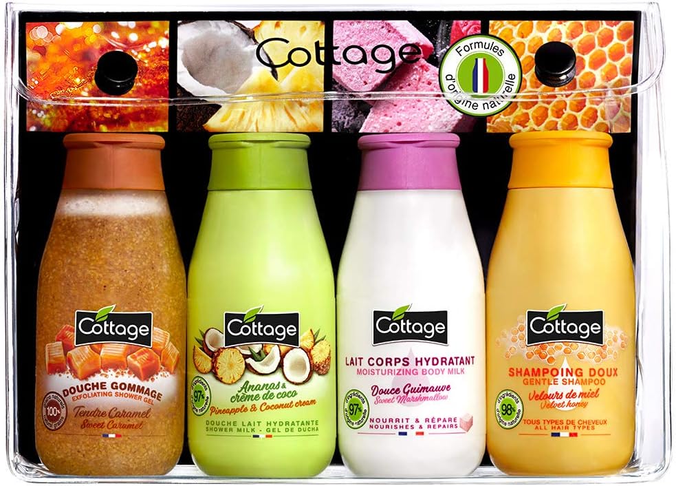 Cottage Kit Voyage Douche Gommage + Douche Lait + Lait Corps Hydratant + Shampoing Doux Fabriqué