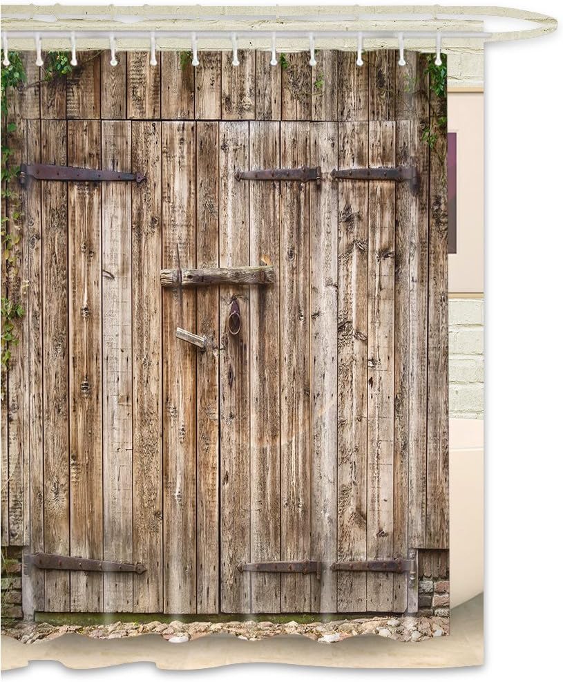 FKOG Rustic Barn Door Shower Curtain Rural Vintage Wooden