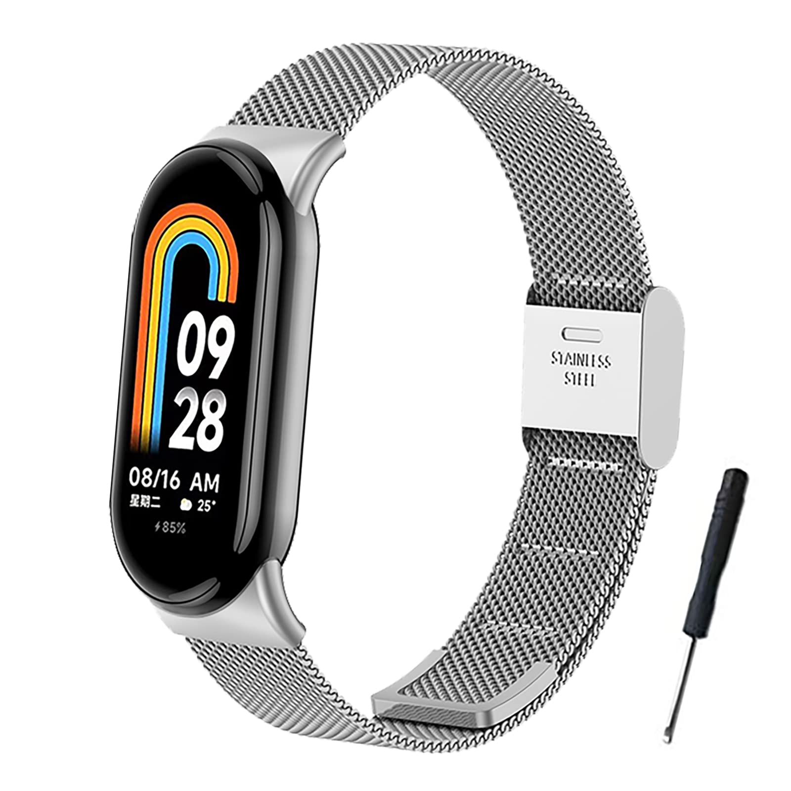 BDIG Stainless Steel Replacement Wristband with Adjustable Buckle for Xiaomi Mi Band 8/9, Melan Silver