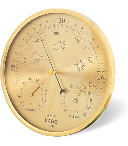 3-in-1 weerstation voor gebruik binnen en buiten, barometer-thermometer- hygrometer met wijzerplaat, luchtdrukmetingen voor thuis Eenvoud en gemakkelijk aflezen (metrisch), goud