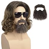 FYXZHUO Brown Short Curly Wig with Glasses and Beard Mens Cosplay Wig for Halloween Costume Party