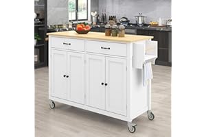 LostCat Kitchen Island with Storage, 54.3" Rolling Kitchen Island Cart with Solid Wood Top, 4-Door Cabinet, 2 Drawers, Spice Rack and Towel Rack, Kitchen Island on Wheels for Dining Room, White
