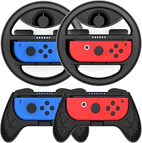 COODIO Volante y Grip Switch Joy-Con, Switch Joy-Con Racing Wheel Volante, Mandos Grip Joy-Con para Mario Kart Juegos / Joy-Con Mandos Nintendo Switch, Negro (Pack de 4 Deluxe) 