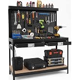 Work Bench with Storage, 48'' Work Table with Pegboard, 2 Drawers, Power Outlet, 2-Tier Metal Tool Storage Bench, Workbench for Garage, Workshop, Office Garage