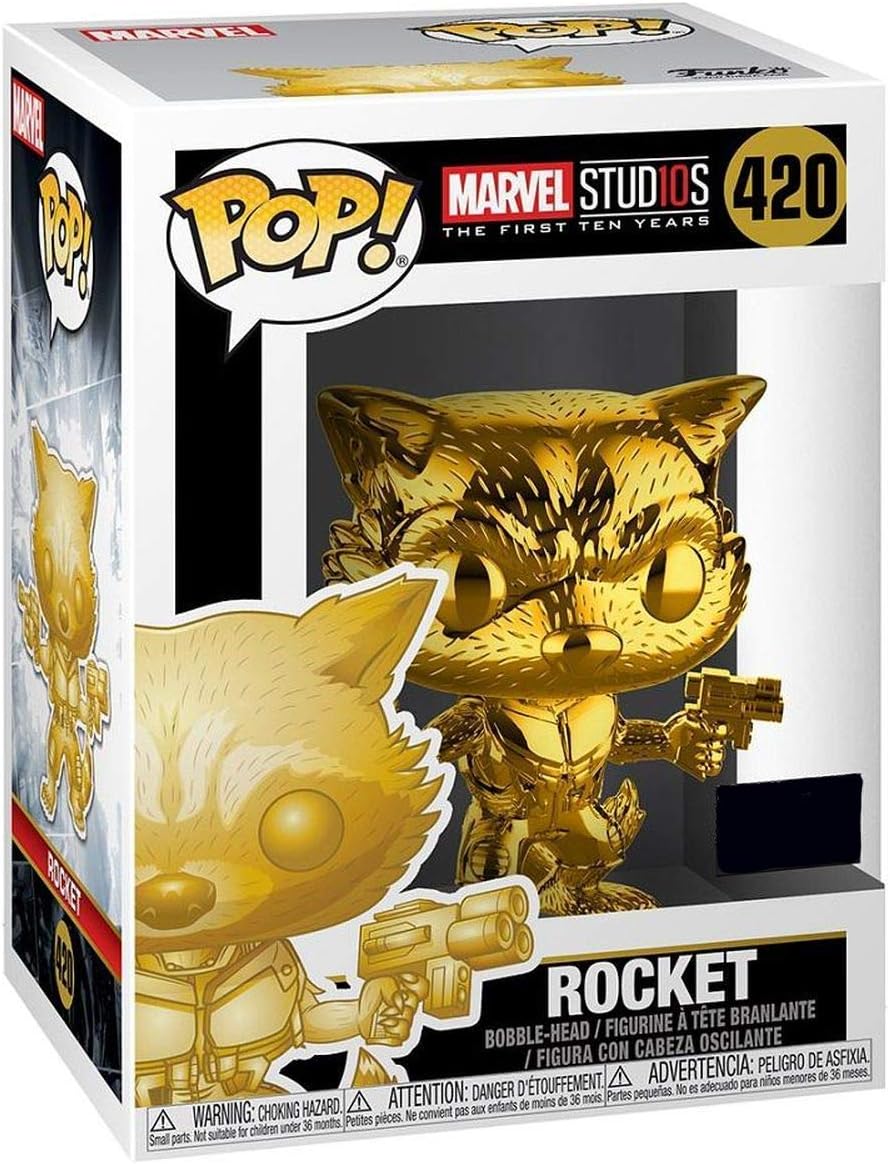 Amazon Com Funko Pop Marvel Studios 10th Anniversary 4 Guardians Of The Galaxy Rocket Raccoon Gold Chrome Exclusive Figure Toys Games