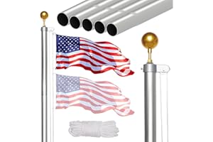 NELXINJO 20FT Sectional Flag Pole Kit, Heavy Duty Aluminum Outdoor In-Ground Flagpole, Gold Ball Top, 3x5 USA Flag for Residential commercial Outdoor Garden(20FT, Silver)