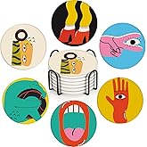 Britimes Table Coaster for Drinks Set of 6, Cute Funny Vintage Music Retro Geometric Coffee Absorbent Round Ceramic Stone Mat, with Cork Base and Metal Holder, Gift for Housewarming Room Bar Decor