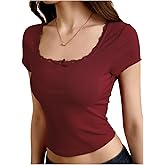 winkbay Women's Lace Trim Square Neck T Shirt Cute Bow Short Sleeve Ribbed Knit Tee Tops