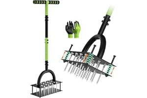 Grenebo Lawn Aerator Manual Aerator Lawn Tool with 16 Spikes, Metal Grass Aerator for Yard, Lawn Aeration, Automatic Soil Eje
