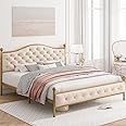 HIFIT Luxury Full Platform Bed Frame with Button Tufted Curved Headboard, Velvet Upholstered Gold Bed Frame, Heavy Duty Metal Frame Foundation, Princess Bed Frame, No Box Spring Needed, Gold-Beige