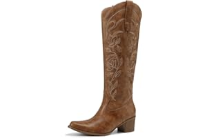 DREAM PAIRS Womens Cowboy Boots Western Comfortable Chunky Heel Square Toe Embroidered Cowgirl Knee High Boots