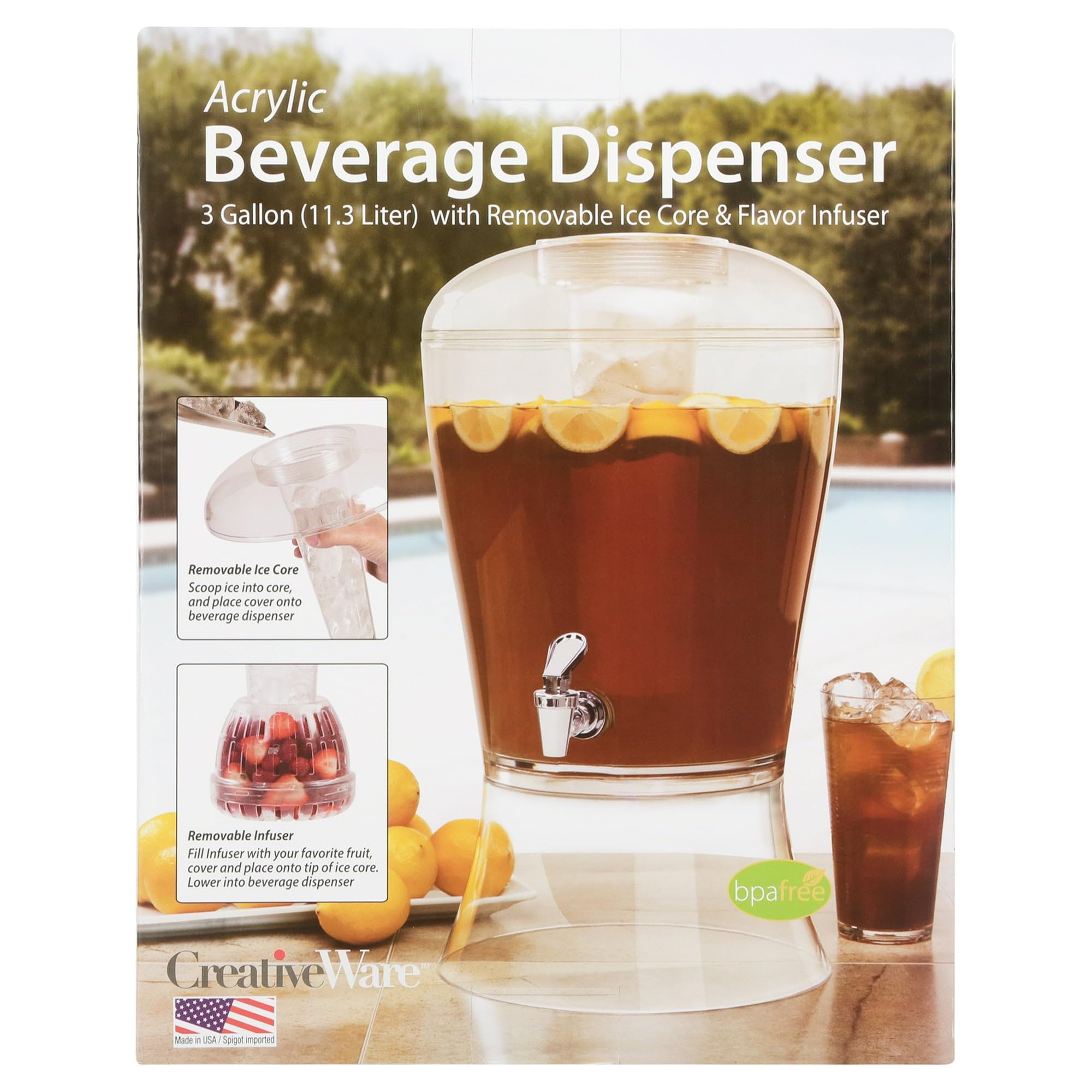 CreativeWare 3 Gallon Beverage Dispenser With Ice Cylinder And Fruit Infuser
