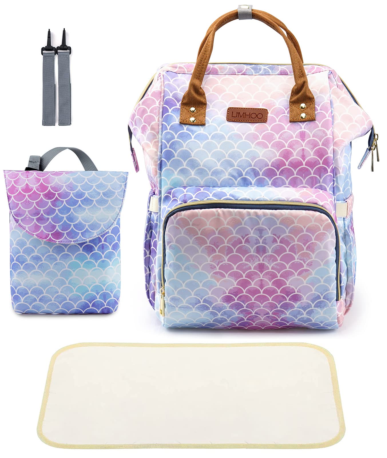 LIMHOO 4 in 1 Diaper Bag Backpack Set for Baby Girls Mom Large Capacity Waterproof Baby Care Bag Multi-Function Nappy Bag (Mermaid)