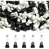 Decoendiy 300Pcs Halloween Clay Beads,Black and White Ghost Beads,Polymer Clay Skull Shaped Flat Loose Cute Ghost Spacer Bead,for DIY Necklaces Bracelets Crafts Supplies