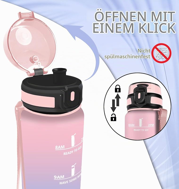 Trinkflasche Kinder, Wasserflasche 0 5 liter, Trinkflasche mit Uhrzeit, Wasserflasche Auslaufsicher, mit Zeitmarkierung, Leicht zu Reinigen, für Schule, Büro, Outdoor, Camping, Running, Fitness, Gym