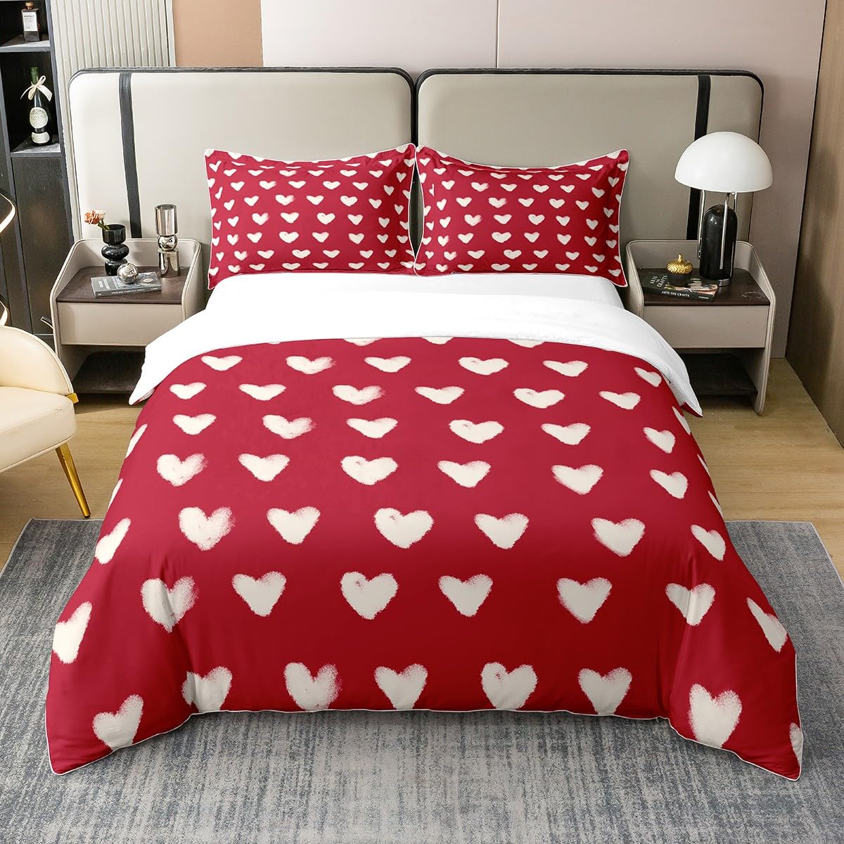Red White 100% Cotton Duvet Cover Single Cute Heart Pattern Bed Sets for Kids Boys Girls Valentine Day Gift Bedding Set Cartoon Love Geometric Bedspread Cover Love Heart Soft Breathable Quilt Cover — image 1