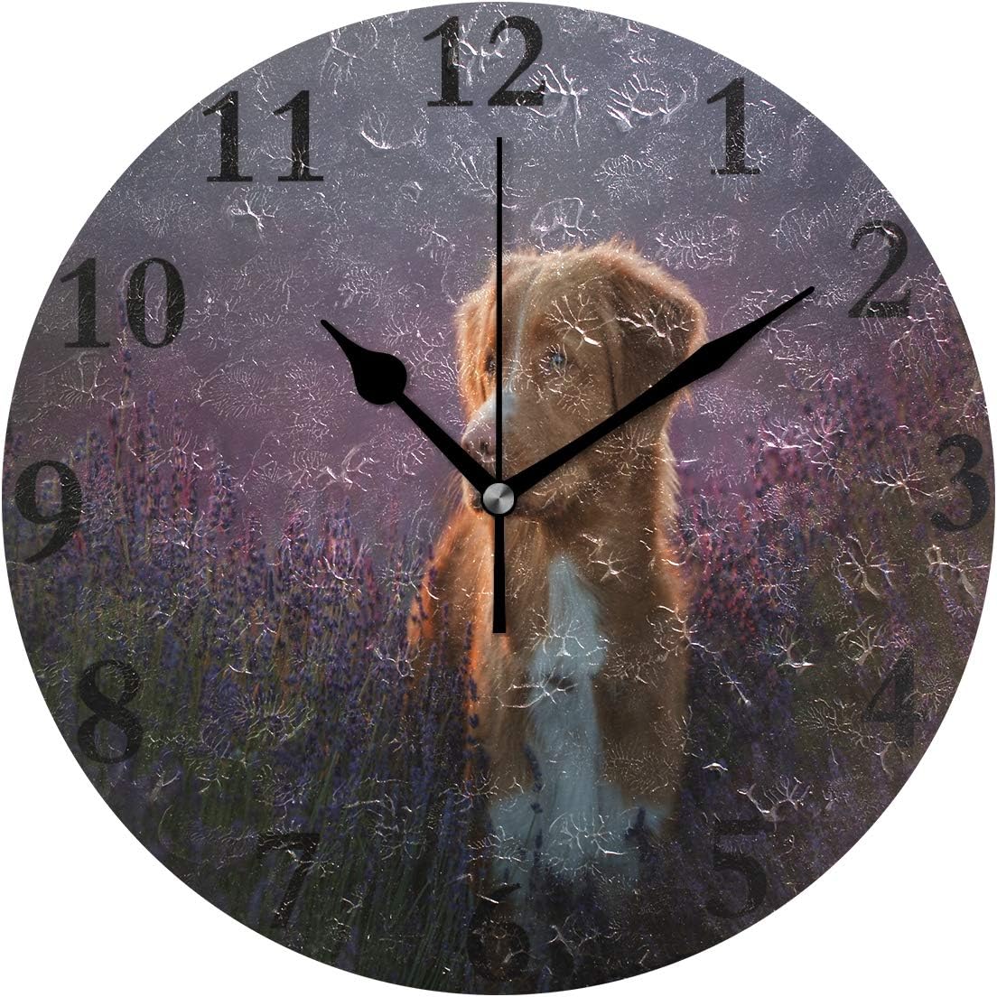 NMCEO Round Wall Clock Dog On The Lavender Field Acrylic Original Clock for Home Decor Creative