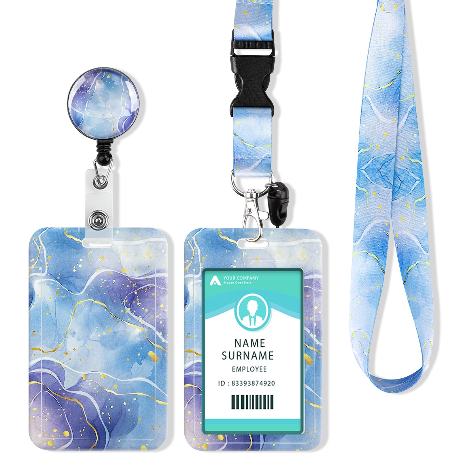 ID Card Holder with Lanyard, Extendable Lanyard ID Card Holder, ID Card Case with Strap, Key Ring for ID Card, Student ID, Credit Cards (Marbled Blue) — image 1