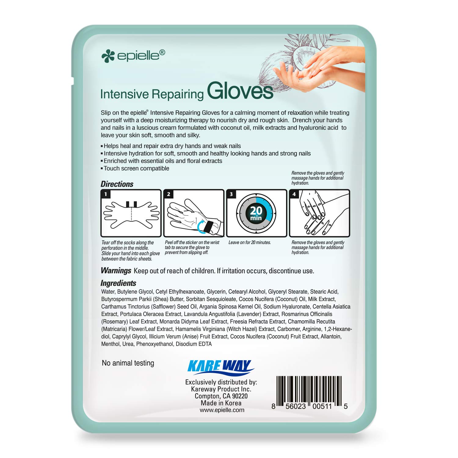 Epielle Intensive Repairing Hand & Foot Masks (6 Gloves & 6 Socks), Repair and Moisturize Dry Hands & Cracked Heels with Coconut Oil & Milk Extract, Korean Skin Care, Spa Self Care Gifts for Women