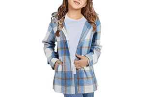 TYMIDY Girls Cute Flannel Plaid Button Down Top with Pockets Long Sleeve Hooded Jacket
