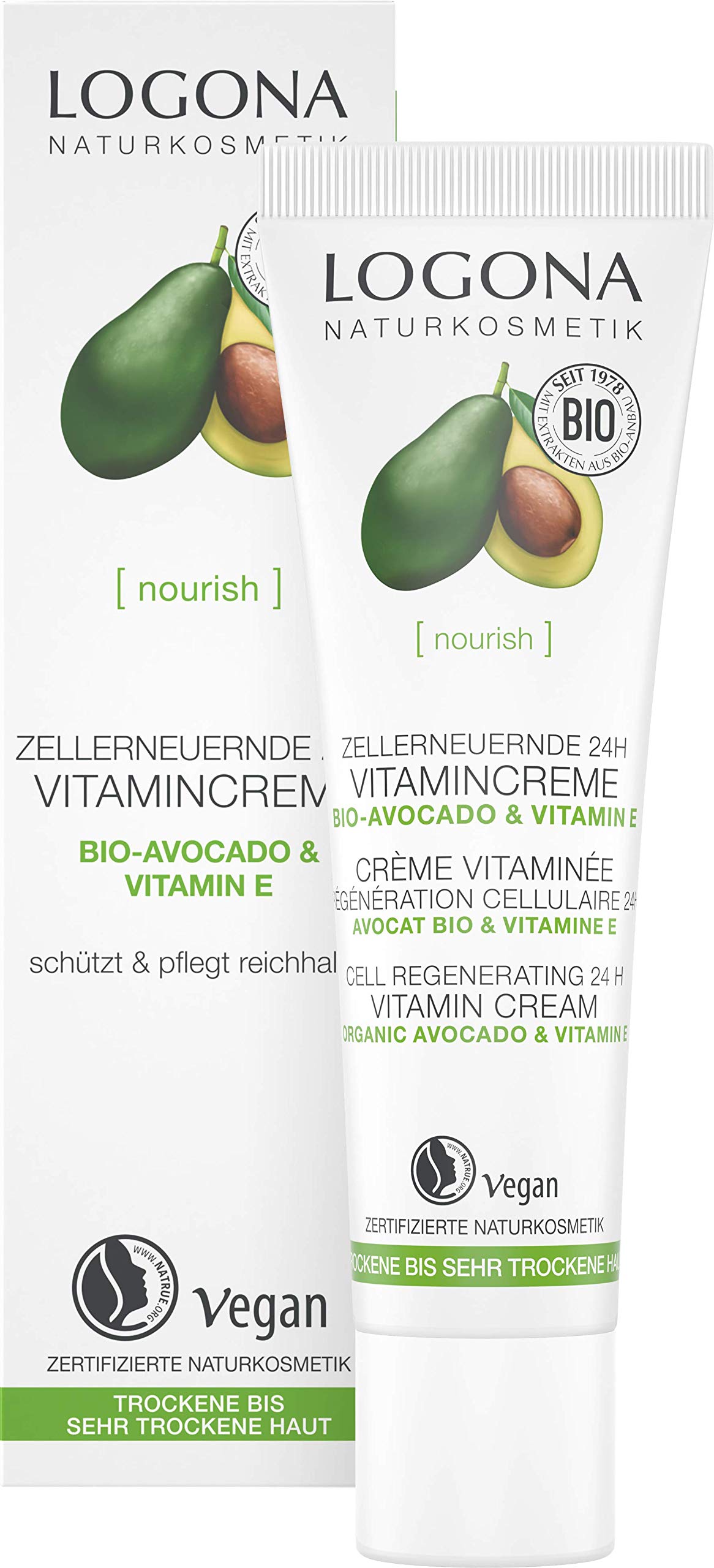 Organic Cell-Renewing, 24-Hour Vitamin Cream from Logona Natural Cosmetics for Dry to Very Dry Skin with Organic Avocado & Vitamin E, Intensively Protects & Nourishes Natural & Vegan, 30 ml