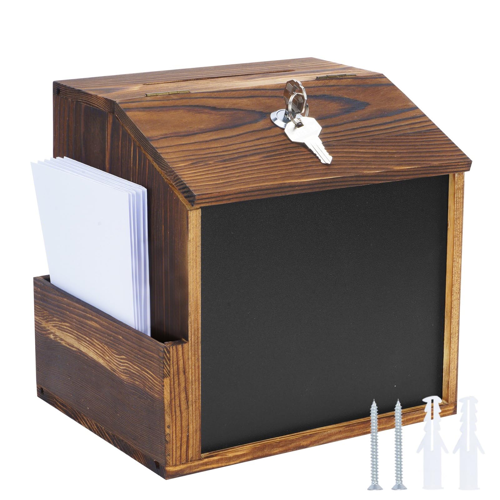 awagas Wooden Suggestion Box with Lock and Keys, Wooden Wall Mount Donation and Ballot Box for Charity, 23x21x16.5cm Wedding Post Boxes with Side Slot, Writing Blackboard