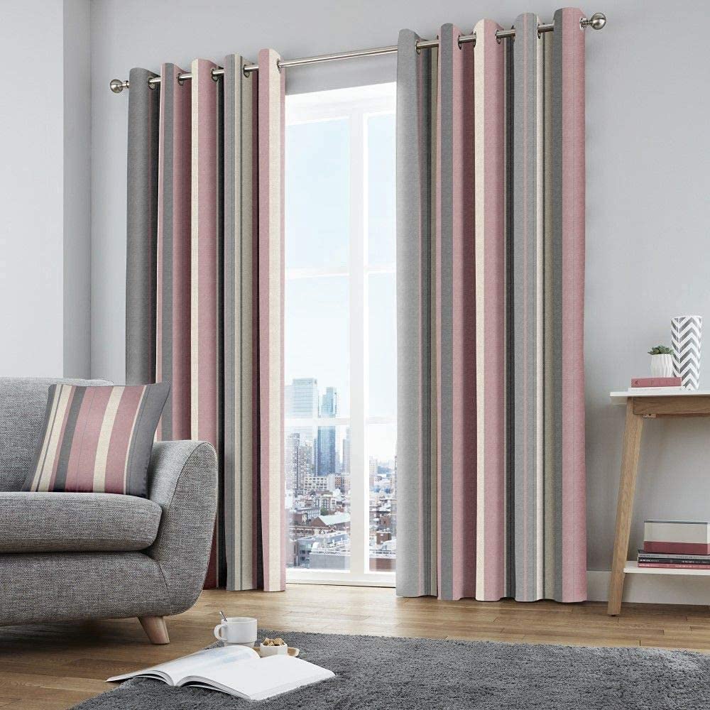 Fusion Whitworth Stripe Eyelet Lined Curtains, Blush, 90 x 90 Inch