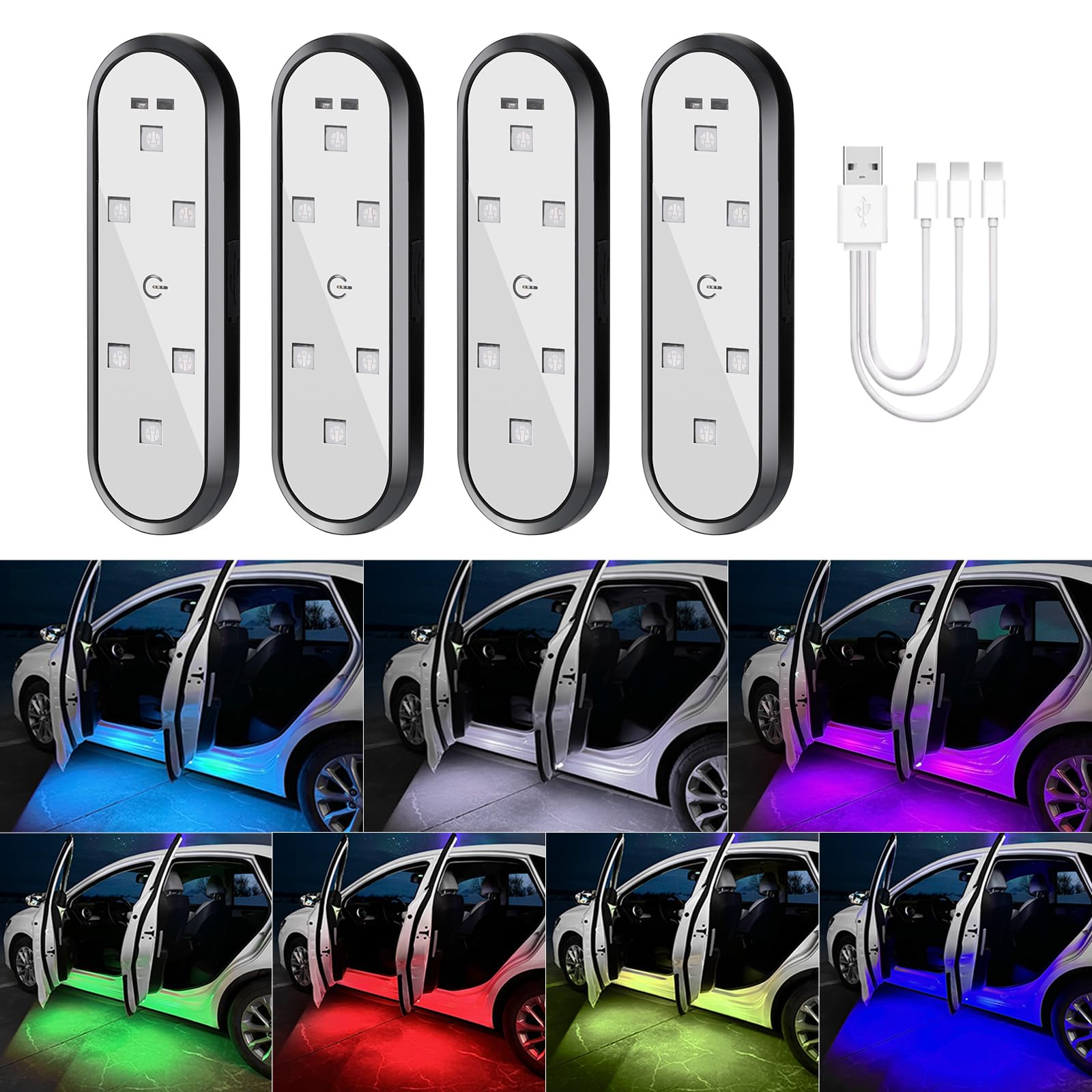 Photo 1 of CARFIB Car Door Lights LED 7 Color Projector Lights Magnetic Sensing Welcome Door Sill Courtesy Projection Rechargeable USB Wireless Car Interior Atmosphere Warning Lamps 4Pcs