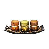 Dawhud Direct Decorative Votive Candle Holders, Vintage Decor Flameless Candlescape Set, 3 LED Tea Light Candles, Rocks and Tray - Fall Table Decor (Earth Tones)