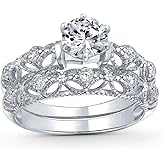 Bling Jewelry Personalize Antique Vintage Style Milgrain 1-3 CT Round Cubic Zirconia Solitaire AAA CZ Anniversary Engagement Ring Wedding Band Set For Women .925 Sterling Silver Customizable